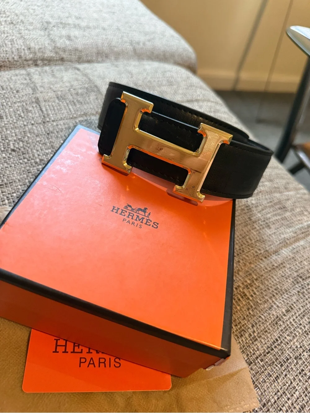 Hermes Black Leather Belt with Gold H Buckle